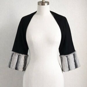 Elegant Black Bolero Shawl‎ with Rabbit Fur Cuffs 3/4 Sleeve